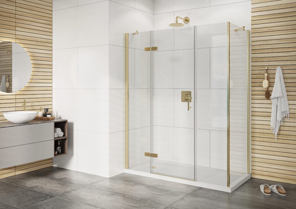 Amber In-Line Panel hinged door 2 lines brushed brass