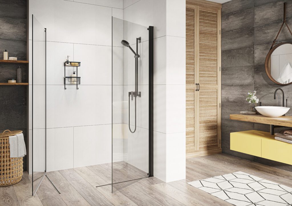 Amber Walk In Panels - Pivoting Panels open Black
